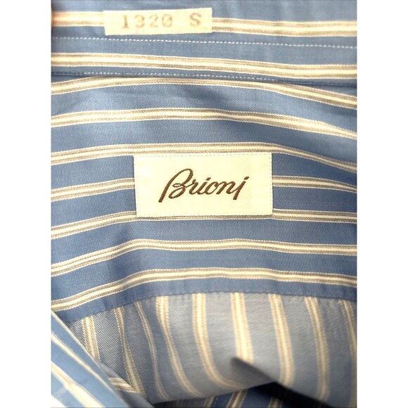 Brioni Men’s 18" Large Blue White Striped Long Sleeve French Cuff Shirt Italy - Picture 9 of 10